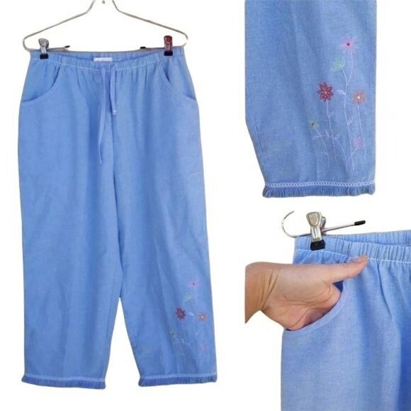 80's Boho Lightweight Floral Embroidered Fringe High-rise Crop Pants Sz L - Picture 2 of 8
